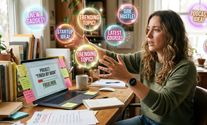Shiny Object Syndrome: A person sits at a cluttered desk with an open laptop displaying an unfinished project, reaching out as glowing, iridescent bubbles containing tempting ideas float all around them.