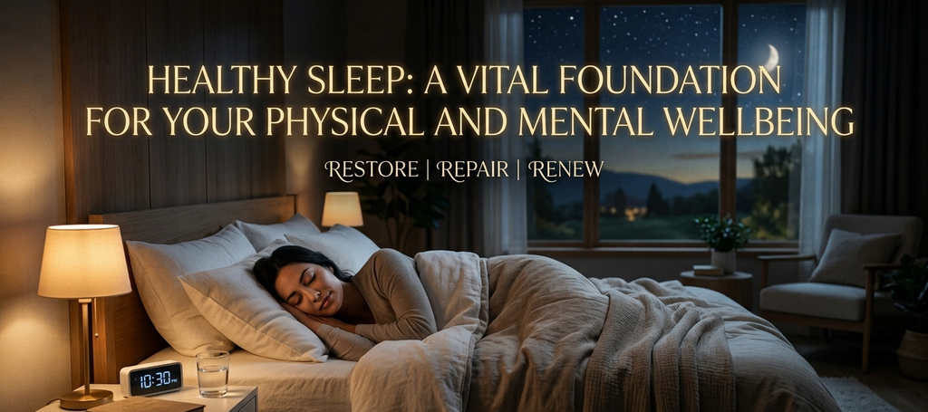 Sleep Science: A woman sleeping peacefully in a dimly lit bedroom with warm nightstand lighting and a night sky view through the window.