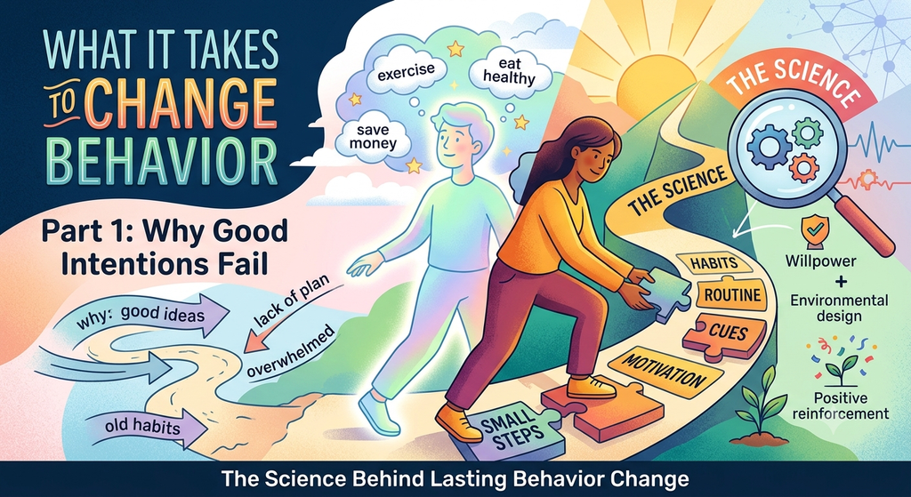 Why good intentions fail: Illustration explaining why good intentions fail and the science behind lasting behavior change.