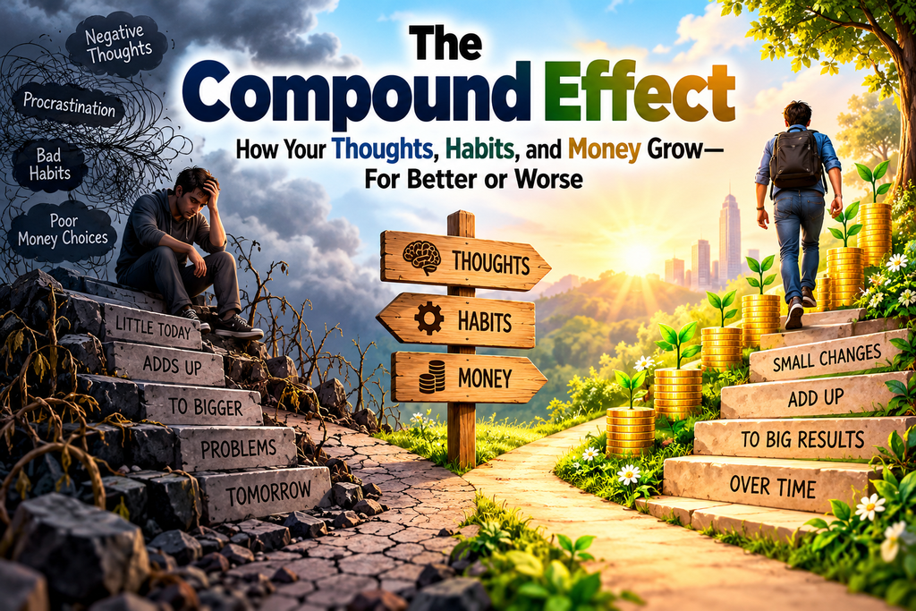 The compound effect illustrated through contrasting paths showing how thoughts, habits, and money choices lead to negative consequences or positive growth.