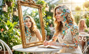 A woman writing in a journal at a café, surrounded by mosaic glass shards reflecting media and social symbols to illustrate how to think for yourself.