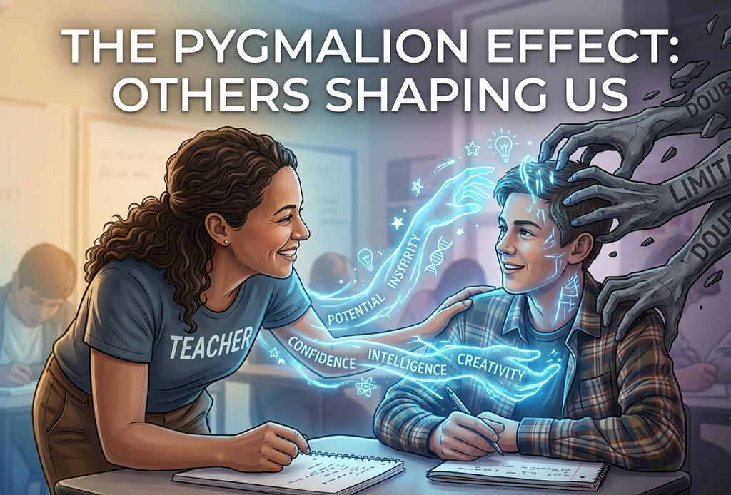 A digital illustration set in a classroom illustrating the Pygmalion effect. At the center, a male student sits at his desk while a female teacher labeled "TEACHER" leans over warmly, emitting glowing blue ethereal light and words like "POTENTIAL," "CONFIDENCE," "INTELLIGENCE," and "CREATIVITY" toward him. From the top right, dark, heavy stone hands carved with words like "DOUBT" and "LIMITATIONS" press down on the student's head, visually representing the dual positive and negative impacts of external expectations. The bold title text at the top reads, "THE PYGMALION EFFECT: OTHERS SHAPING US."