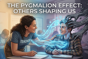 A digital illustration set in a classroom illustrating the Pygmalion effect. At the center, a male student sits at his desk while a female teacher labeled "TEACHER" leans over warmly, emitting glowing blue ethereal light and words like "POTENTIAL," "CONFIDENCE," "INTELLIGENCE," and "CREATIVITY" toward him. From the top right, dark, heavy stone hands carved with words like "DOUBT" and "LIMITATIONS" press down on the student's head, visually representing the dual positive and negative impacts of external expectations. The bold title text at the top reads, "THE PYGMALION EFFECT: OTHERS SHAPING US."
