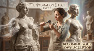 A sculptor carving her own glowing statue, symbolizing the Pygmalion Effect and taking control of personal growth.