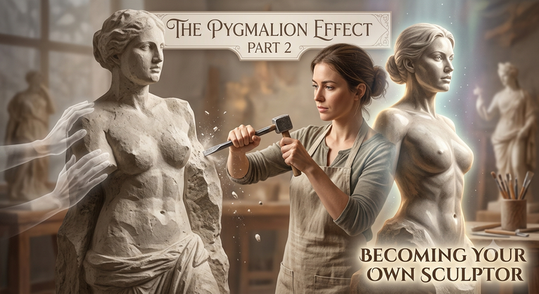 A sculptor carving her own glowing statue, symbolizing the Pygmalion Effect and taking control of personal growth.