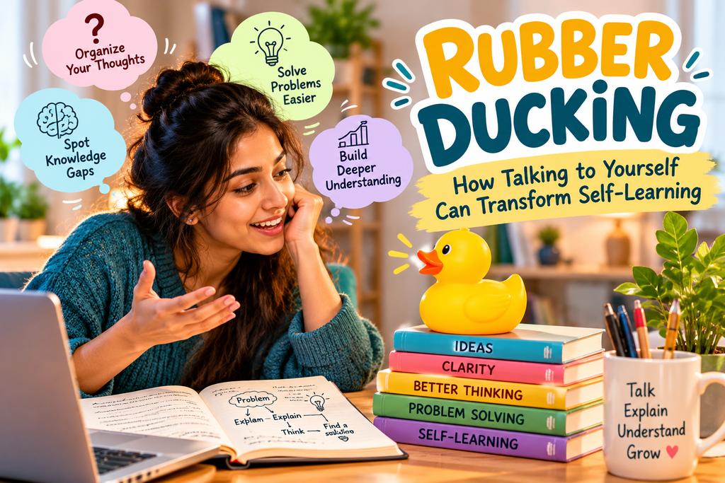 Rubber ducking for self-learning, showing a woman explaining ideas to a yellow rubber duck to improve thinking and problem-solving.