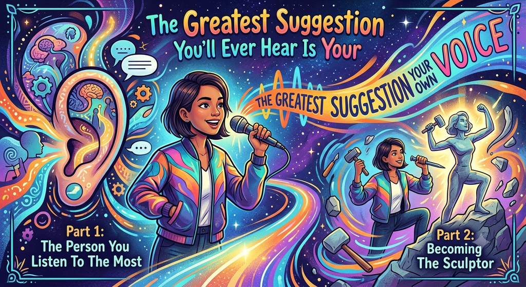 Vibrant conceptual illustration about the power of self-suggestion, showing a figure listening to internal dialogue and sculpting a glowing statue from stone using their own voice.